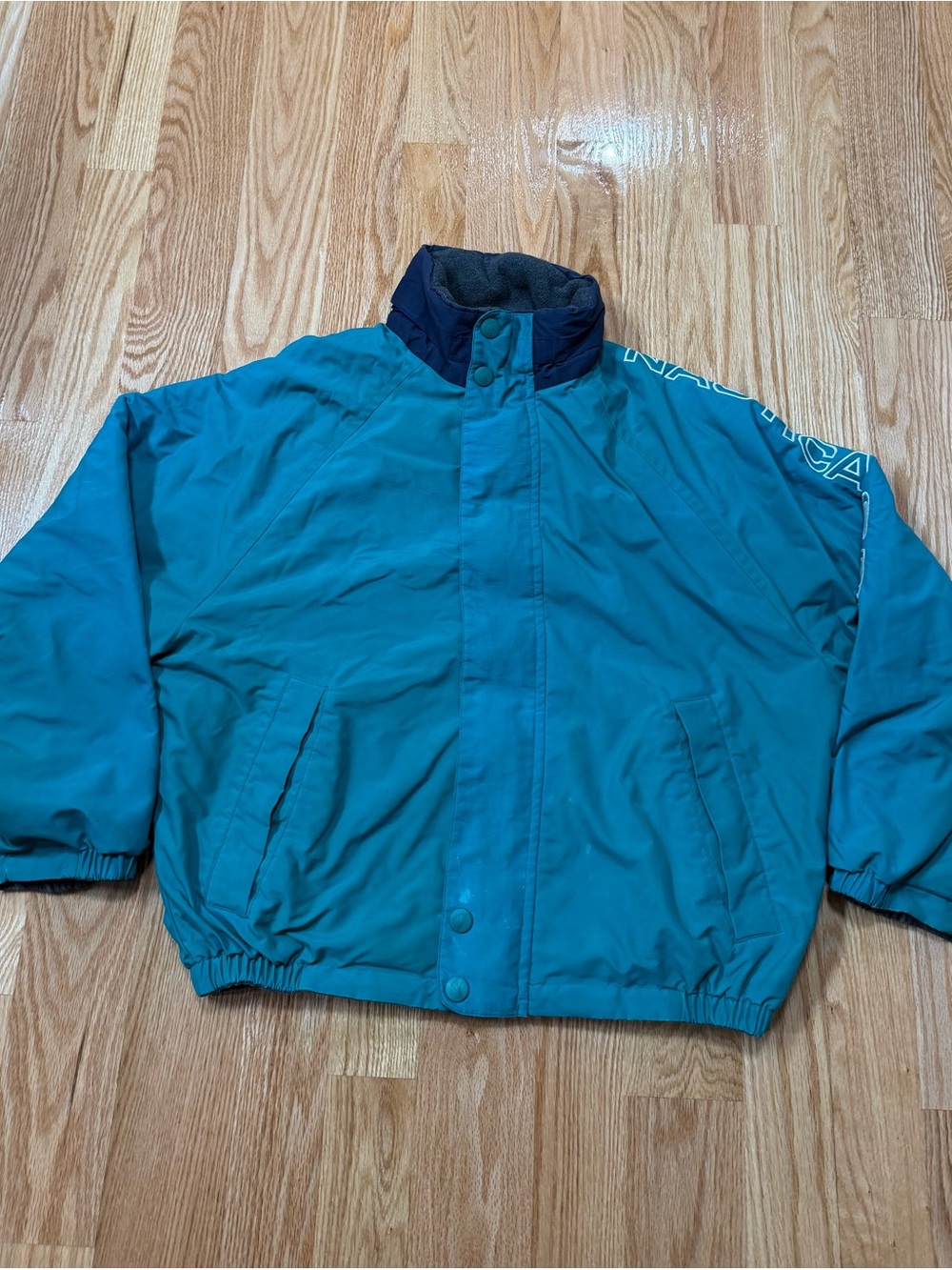Vintage Nautica Sport Mens L Teal Bomber Jacket Fleece Lined Zip Snap Reversible
